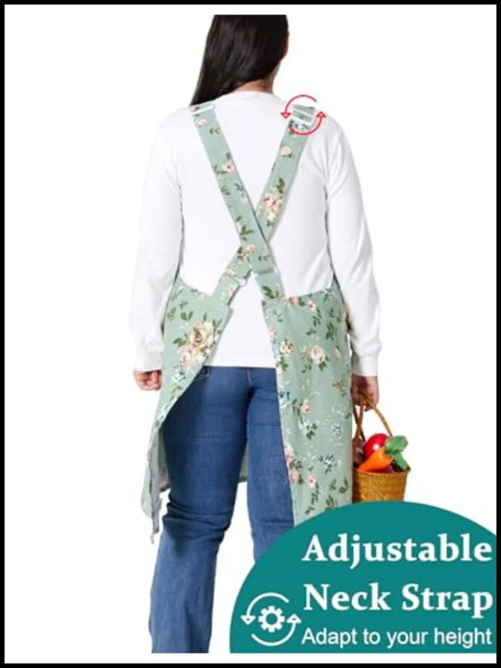 Plus Size Adjustable Cross Back Floral Cotton Linen Apron with Pockets